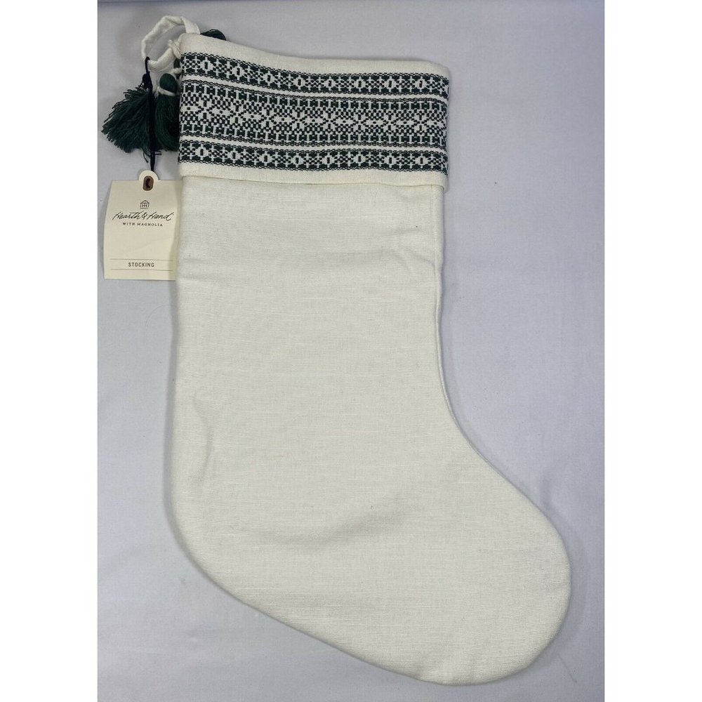 - (NEW) Hearth & Hand Magnolia Holiday Stocking Cream with Green Embroid…